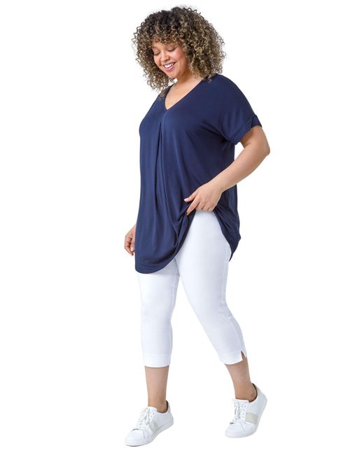 Roman Blue Curve Plain Pleat Front V-Neck Stretch Top