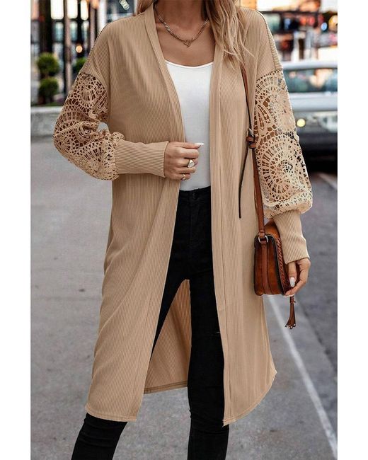 Azura Exchange Natural Parchment Lace Patchwork Ribbed Knit Open Front Duster Cardigan