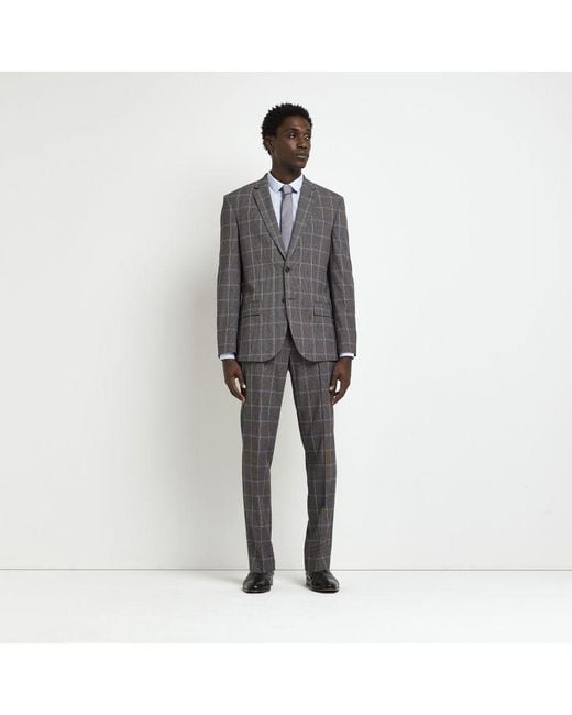 River Island Gray Suit Trousers Slim Fit Check for men