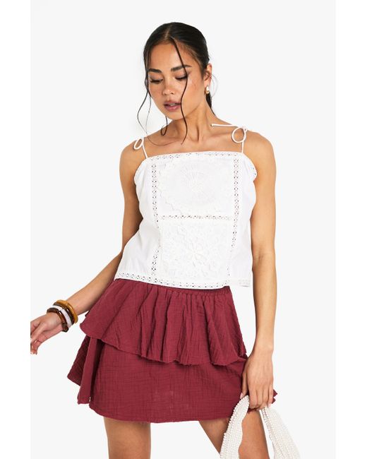 Boohoo Red Cotton Poplin Crochet Patchwork Strappy Cami Top
