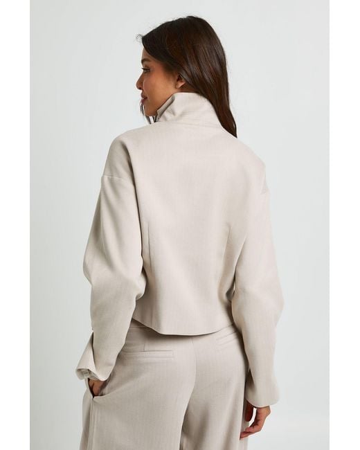 Boohoo Gray Tonal Stripe Funnel Neck Tailored Jacket
