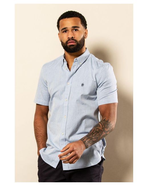 French Connection Blue Light Cotton Short Sleeve Oxford Shirt for men