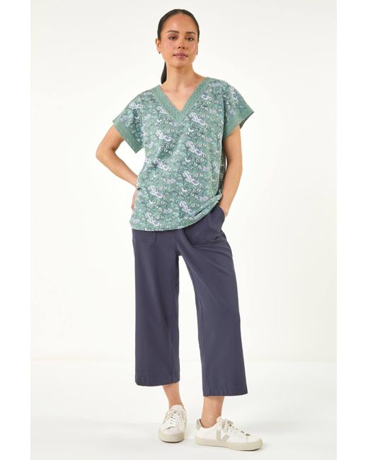 Roman Blue Petite Lace Trim V-Neck Top