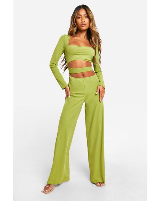 Boohoo Yellow Premium Cut Out Matt Slinky Jumpsuit
