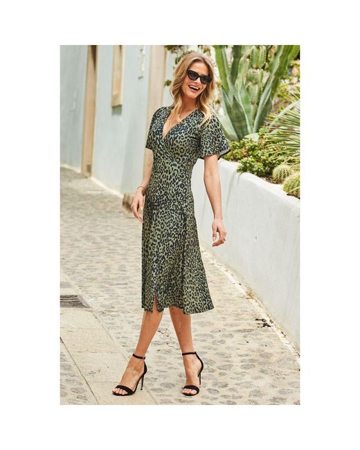 Sosandar Multicolor Khaki Print Jersey Angel Sleeve Fit & Flare Dress