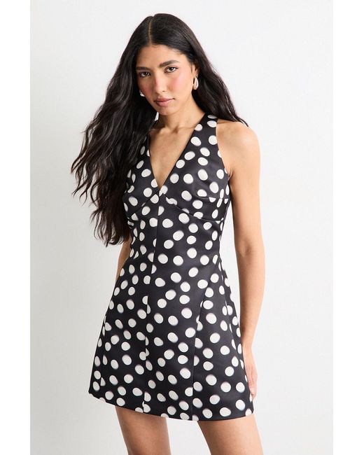 Warehouse Black Satin Structured Polka Dot Print Mini Dress