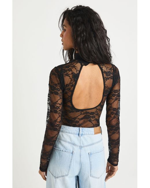 Boohoo Black Lace High Neck Long Sleeve One Piece