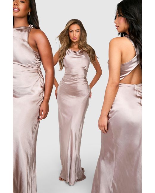 Boohoo Pink Bridesmaid Satin High Neck Maxi Dress