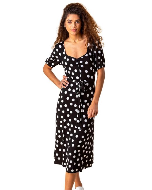 Roman Black Ruched Neck Spot Print Midi Dress