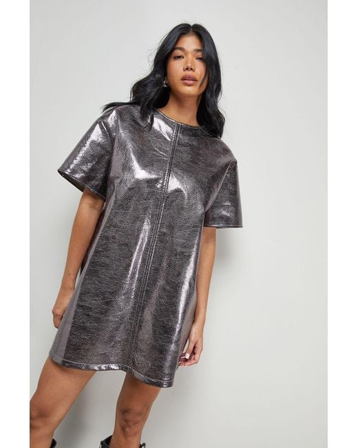 Warehouse Metallic Faux Reptile Leather Tshirt Mini Dress in Brown | Lyst UK