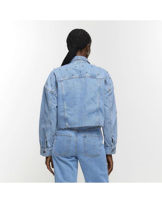 River Island Blue Denim Jacket Embellished Cropped Cotton