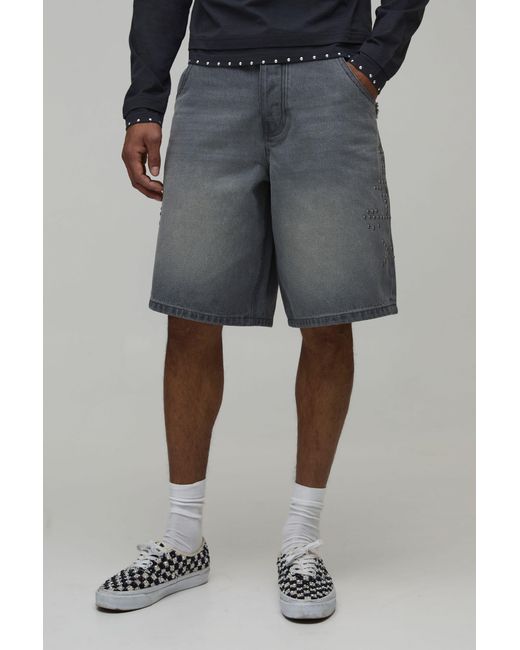 BoohooMAN Gray Baggy Rigid Embellished Distressed Pocket Denim Shorts for men