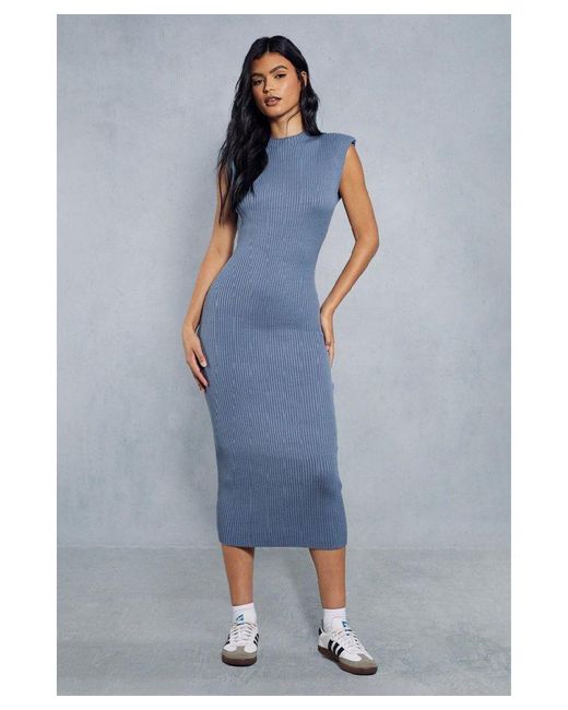 MissPap Blue Knitted Ribbed Shoulder Pad Detail Maxi Dress