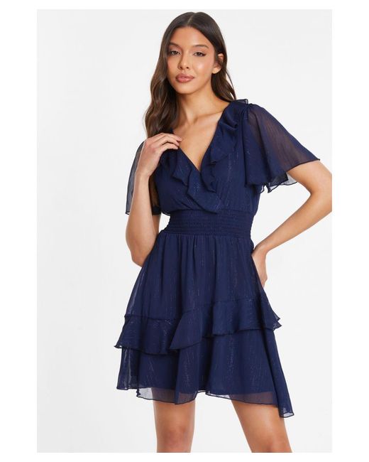 Quiz Chiffon Frill Skater Dress in Blue Lyst UK