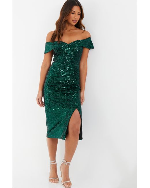 Quiz Green Sequin Bardot Split Midi Dress Material_Polyester