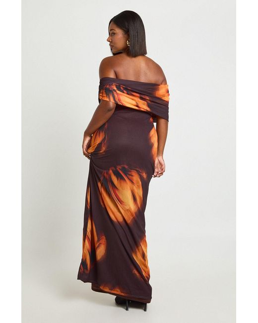Boohoo Red Plus Asymmetric Floral Mesh Maxi Dress