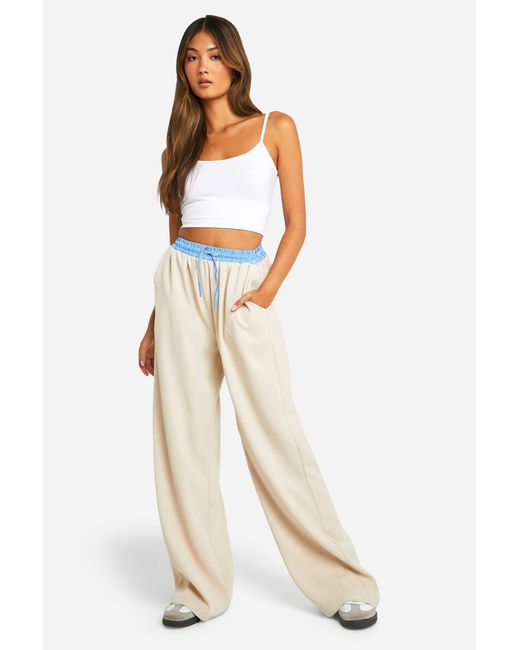 Boohoo Natural Contrast Stripe Waistband Wide Leg Trouser