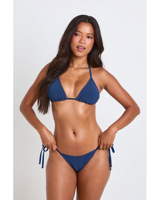 Boohoo Blue Textured Tie Side Bikini Bottom