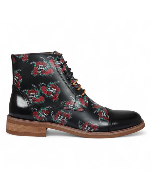 Justin Reess Herren-Oxford-Stiefeletten Aus Schwarzem Leder Mit Floralem Totenkopf-Print – Adam Skull in Black für Herren
