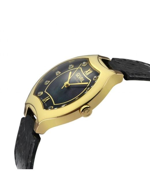 Gevril Metallic Lugano Swiss Diamond Watch, Mop Dial, Ipyg Case,Genuine Italian Handmade Leather Strap