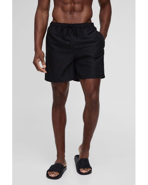 BoohooMAN Black Branded Mid Length Swim Trunks for men