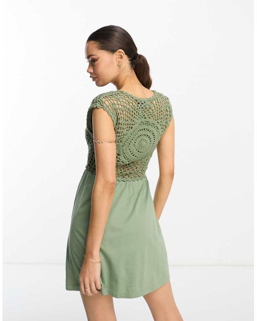 ASOS Green Design Crochet Mix Mini Dress With Tie Detail