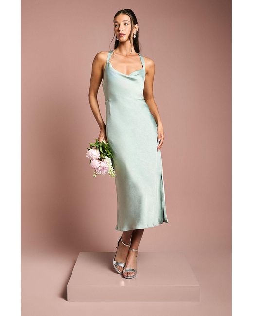 Oasis Green Cross Shoulder Tie Back Satin Bridesmaids Dress