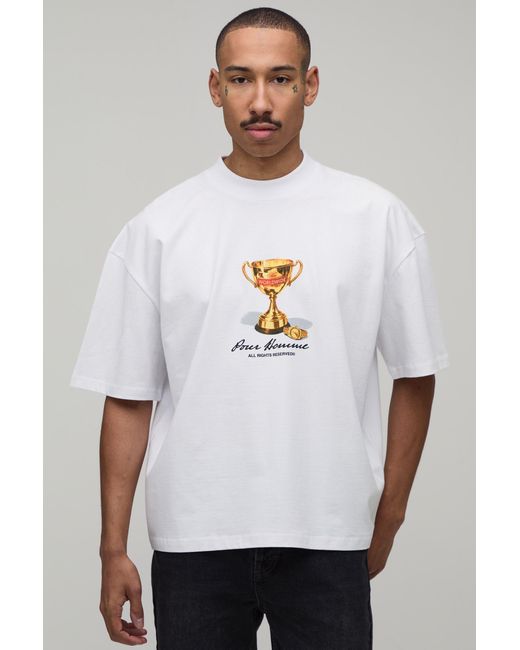 BoohooMAN White Oversized Boxy Trophy Print T-Shirt Cotton for men