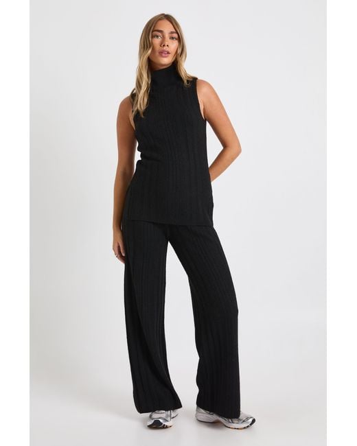 Boohoo Blue Soft Knit Longline Roll Neck Sleeveless Sweater And Wide Leg Trouser Co-Ord