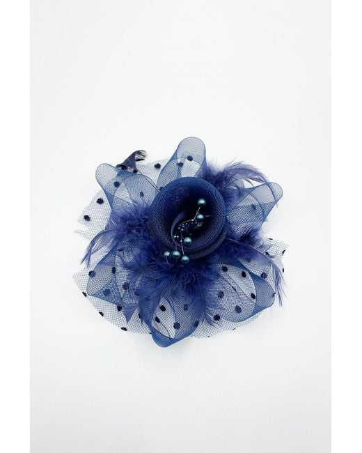 SVNX Blue Rosette Faux Pearl & Polka Veil Feather Fascinator