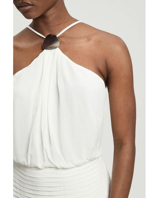 Karen Millen White Petite Viscose Georgette Drop Hem Woven Halter Neck Maxi Dress