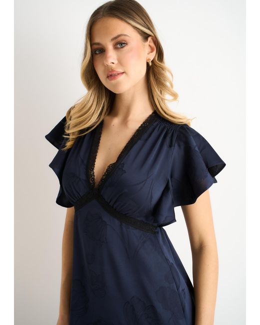 Gini London Blue Floral Satin Jacquard Lace Trim Midi Dress