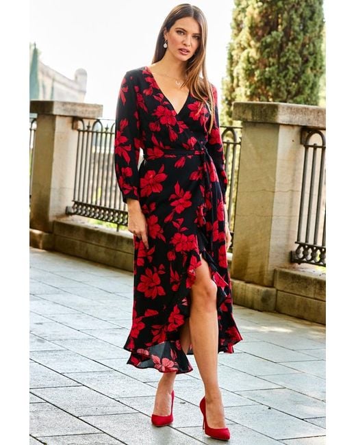 Sosandar White Floral Print Ruffle Hem Midi Wrap Dress
