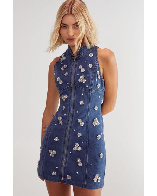 Nasty Gal Blue Embellished Flower Applique Mini Dress