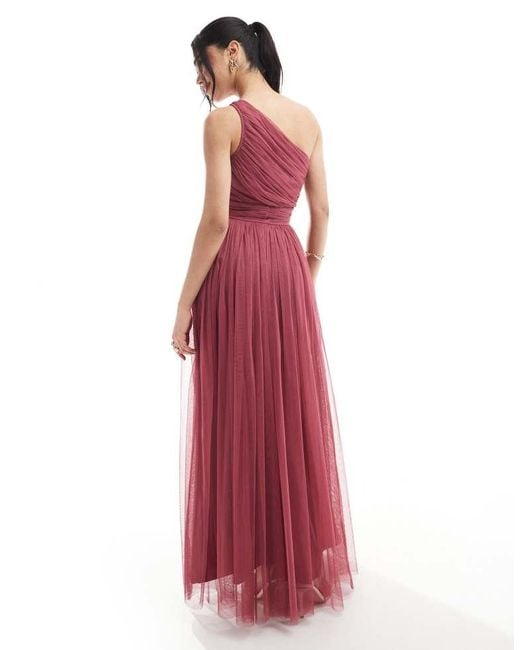 LACE & BEADS Red Bridesmaid One Shoulder Tulle Maxi Dress