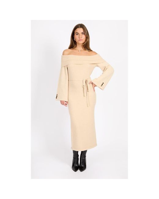 Little Mistress Natural Off-The-Shoulder Maxi Sweater Dress