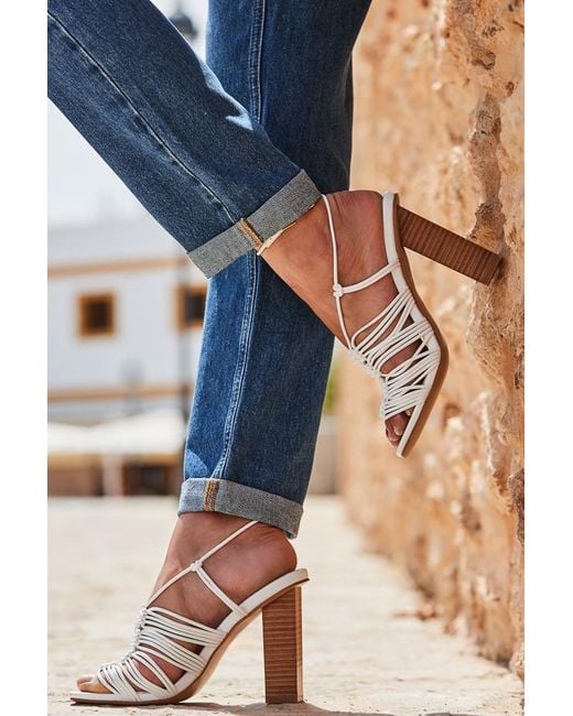Sosandar Blue Gladiator Square Toe Block Heel Sandals