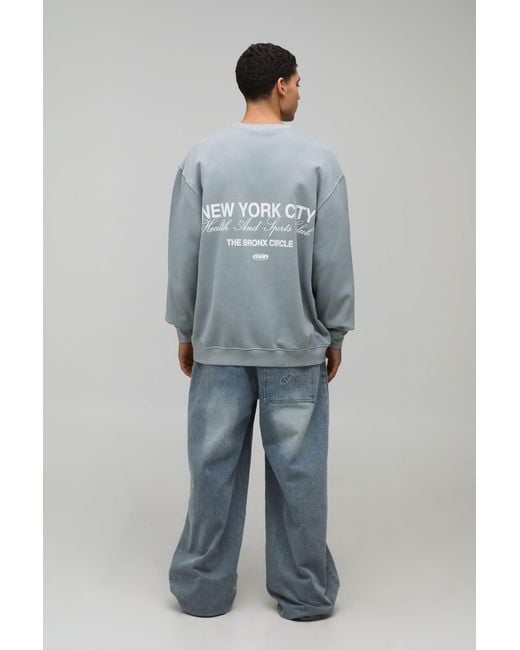 BoohooMAN Gray Washed Oversized New York Print Sweatshirt for men
