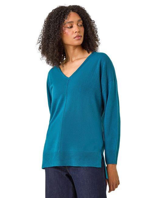 Roman Blue Soft V-Neck Side Split Knit Sweater