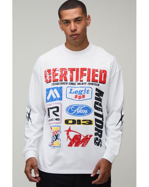 BoohooMAN Gray Oversized Moto Print Long Sleeve T-Shirt Cotton for men