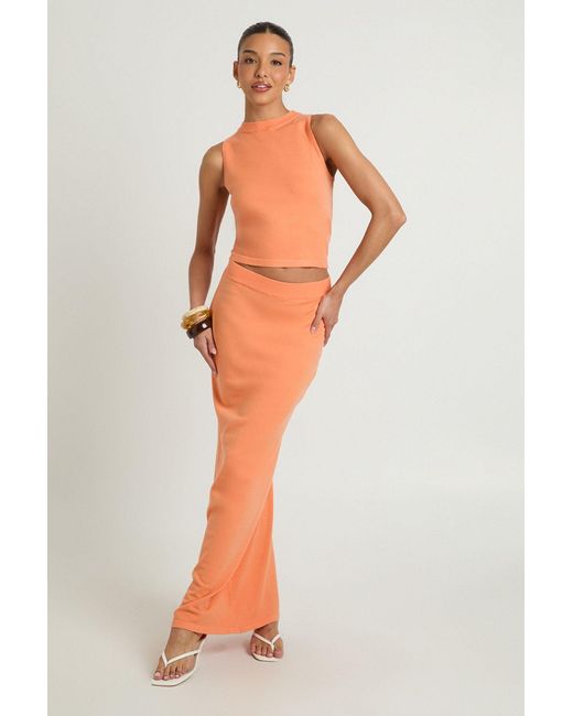 Boohoo Orange Rib Knit High Neck Top And Maxi Skirt Co-Ord