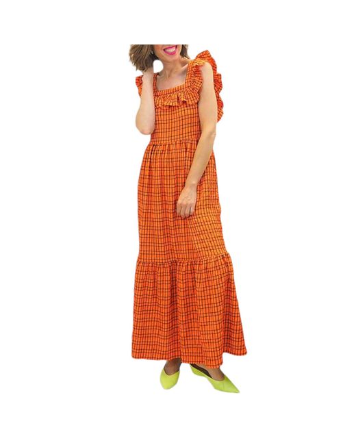 Brave Soul Orange Carla Long Dress Checked Summer Holiday Ladies Beach Maxi