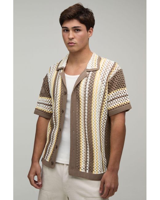 BoohooMAN Gray Relaxed Revere Open Stitch Knit Stripe Shirt for men