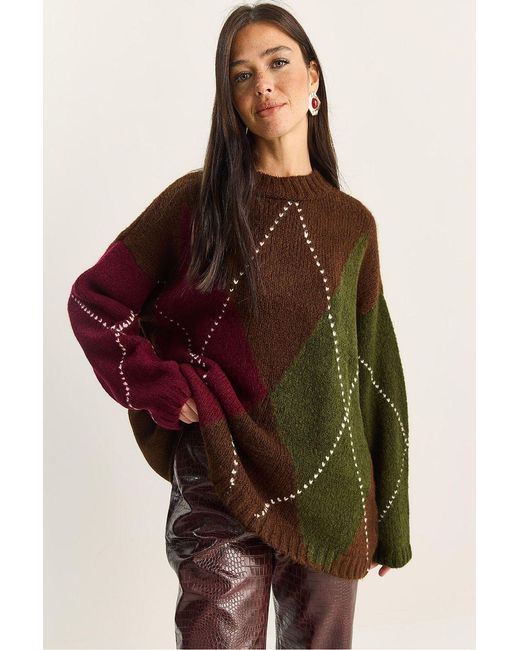 Bianco Lucci Brown Oversized Knitted Diamond Pattern Sweater