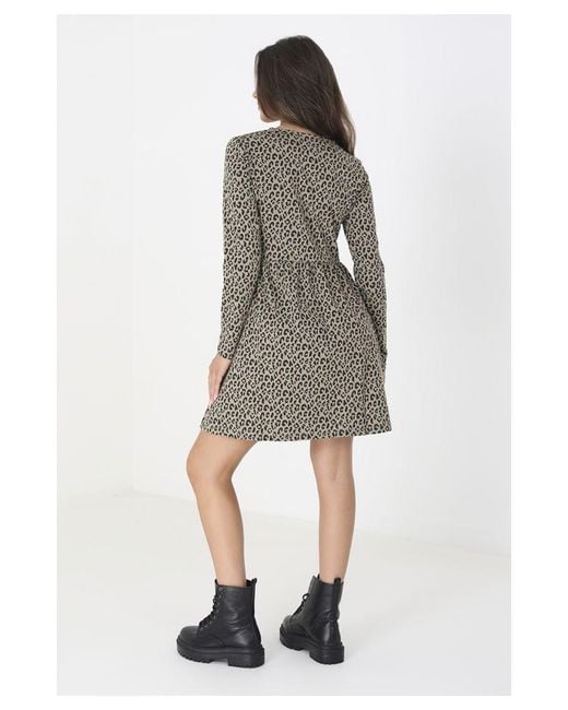Brave Soul Gray Cotton 'Sadie' Animal Print Long Sleeve Mini Smock Dress