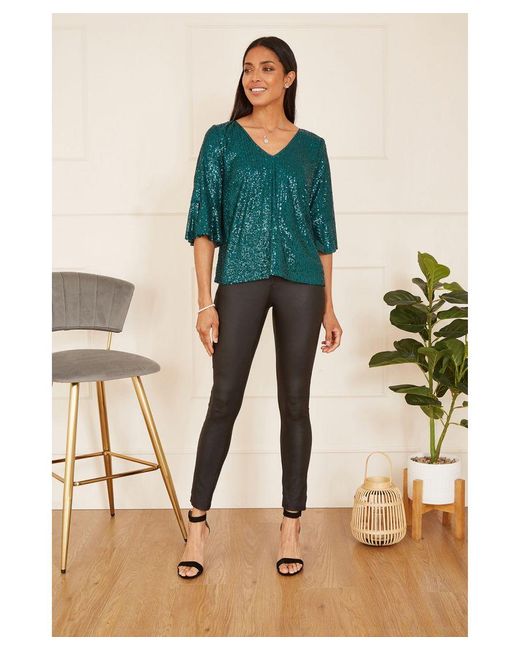 Yumi' Green Sequin Top With Fluted Sleeve
