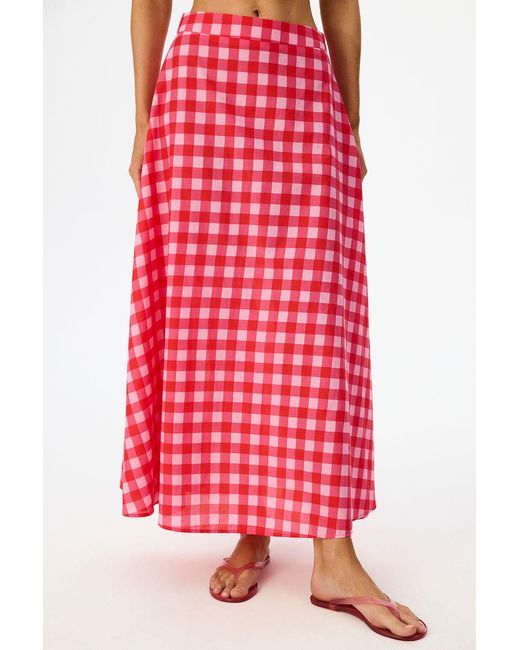Penti Red Cotton Gingham Maxi Skirt