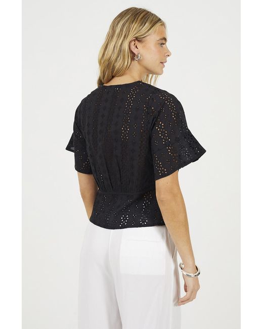 Brave Soul Blue Cotton Broidery V-Neck Short Sleeve Top