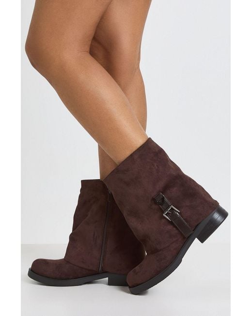 Boohoo Brown Buckle Detail Foldover Ankle Boots