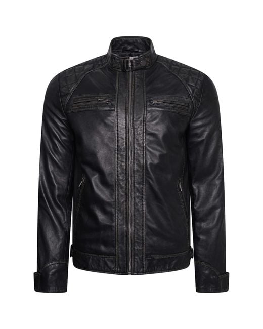 Barney's Originals Black Washed Leather Quilted Biker Jacket for men